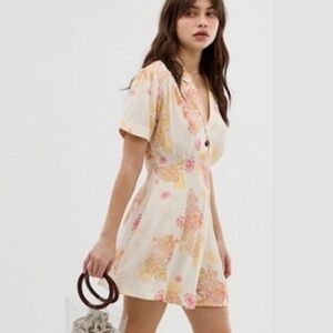 Free People Cream Mini Dress with Pink and Yellow Floral Print